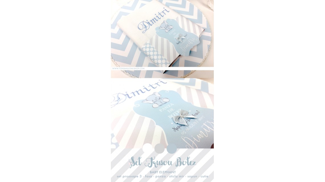 Trusou de botez cu broderie personalizata pentru baieti, Bleu & Grey Elephant 13